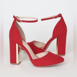 Lulus Laura 🍒 Cherry Red & Gold Ankle Strap/Block Heels 👠❤️